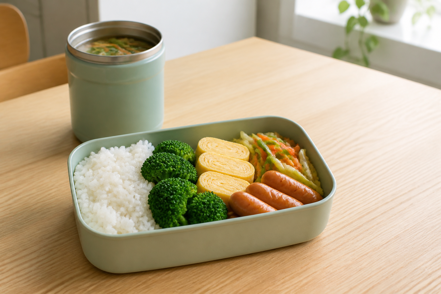 A Japanese-style school lunch box with rice, broccoli, tamagoyaki, vegetables, small sausages, and an insulated soup container