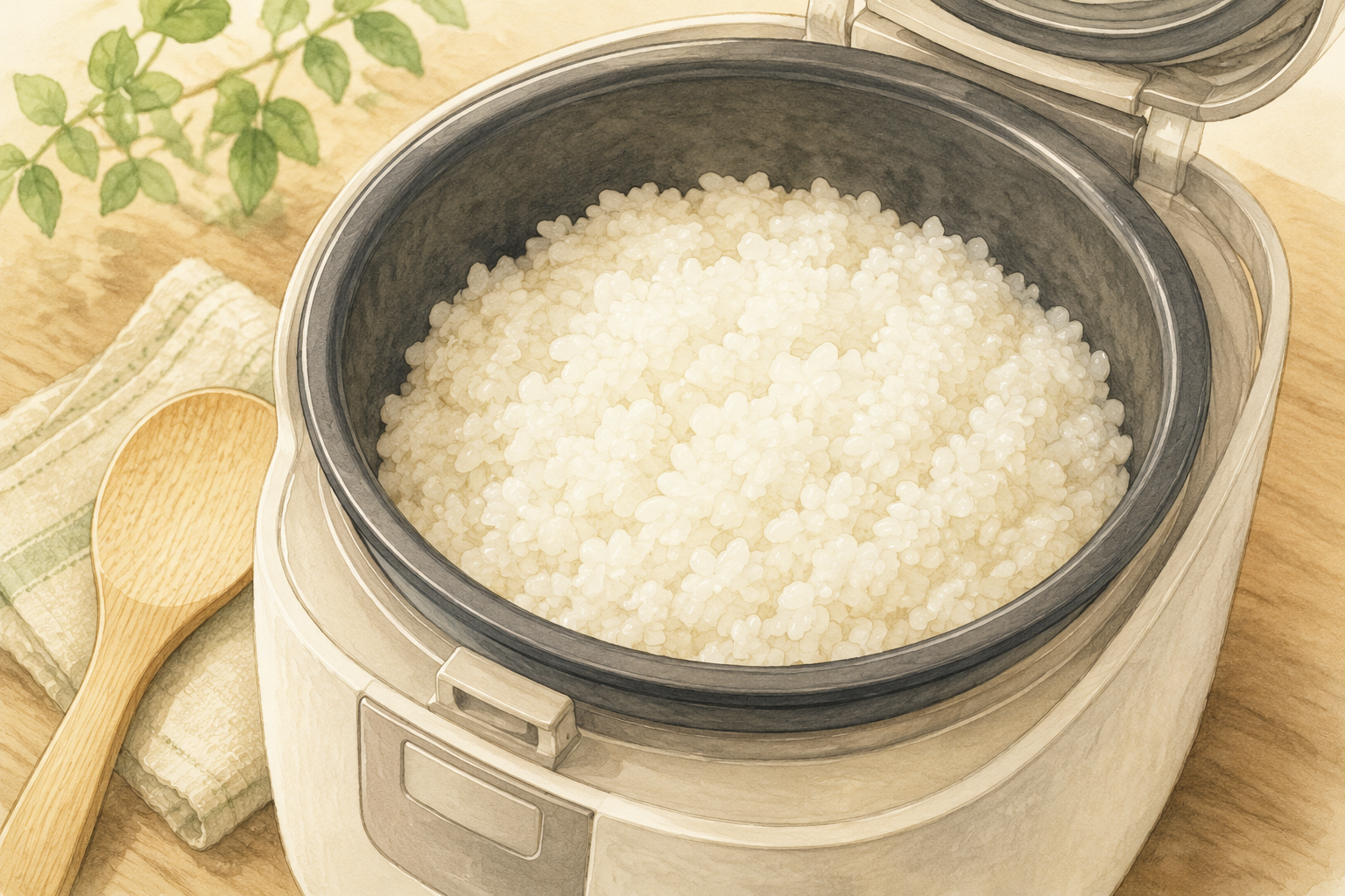 Freshly cooked Japanese rice being lifted from a bowl beside an open rice cooker